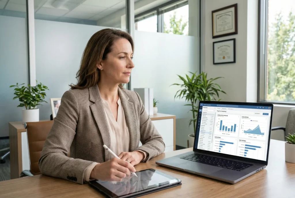 orthodontic marketing agency strategy meeting orthodontist SEO and Google Ads campaign dashboard orthodontic digital marketing performance review marketing consultation for orthodontic practice growth orthodontist PPC advertising analytics screen orthodontic website development planning session orthodontic lead generation dashboard orthodontist local SEO strategy discussion