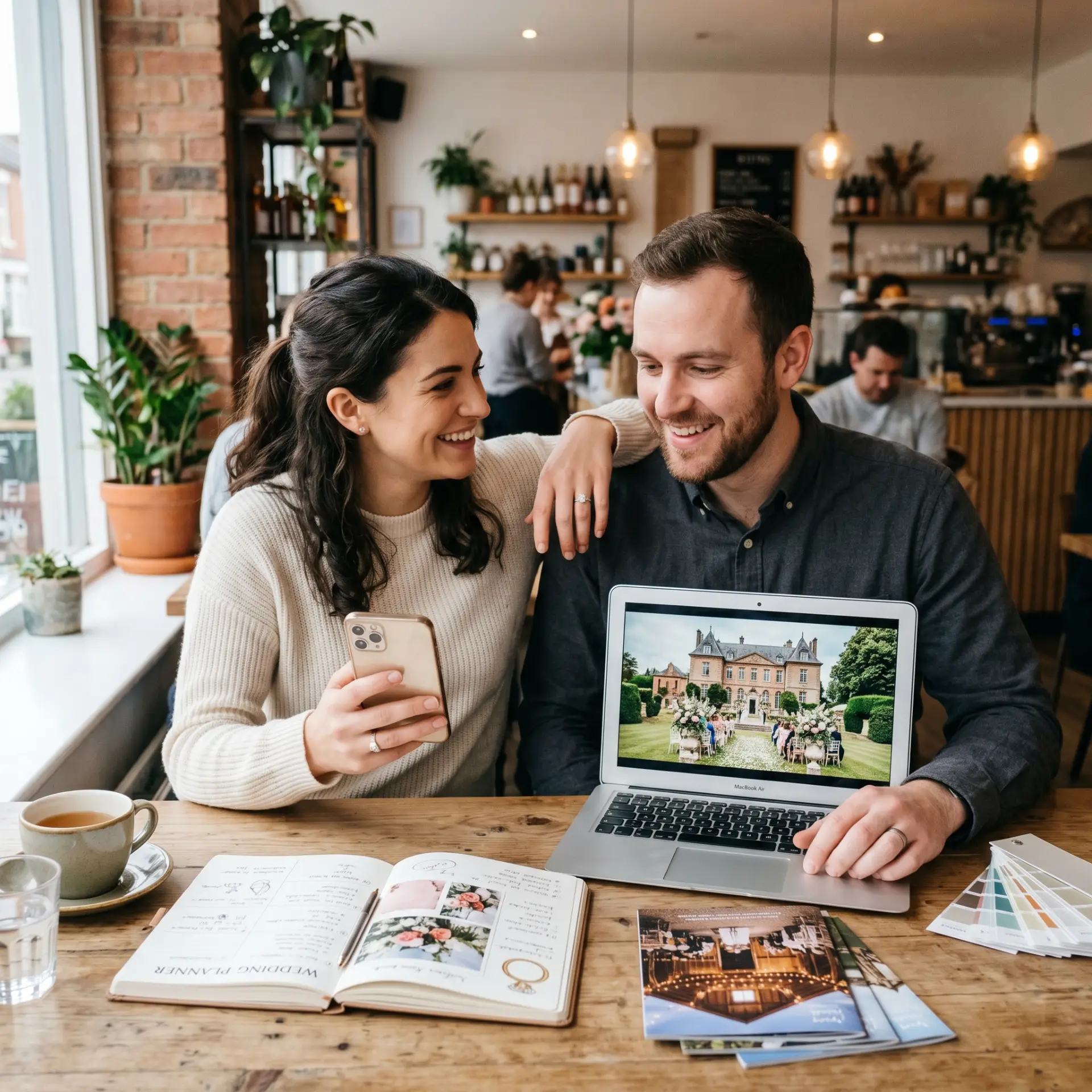 engaged couple finding their dream wedding venue on google after seo efforts for the wedding venue
